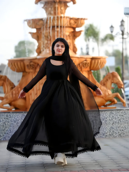 Anarkali black chiffon box pleat frock with dupatta and lace hem by Anabiyawear