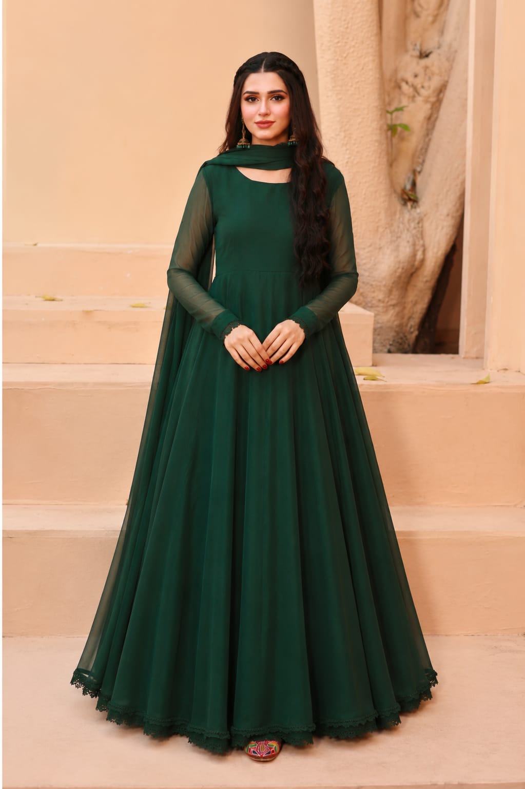 Anarkali Bottle Green Chiffon Frock with Dupatta