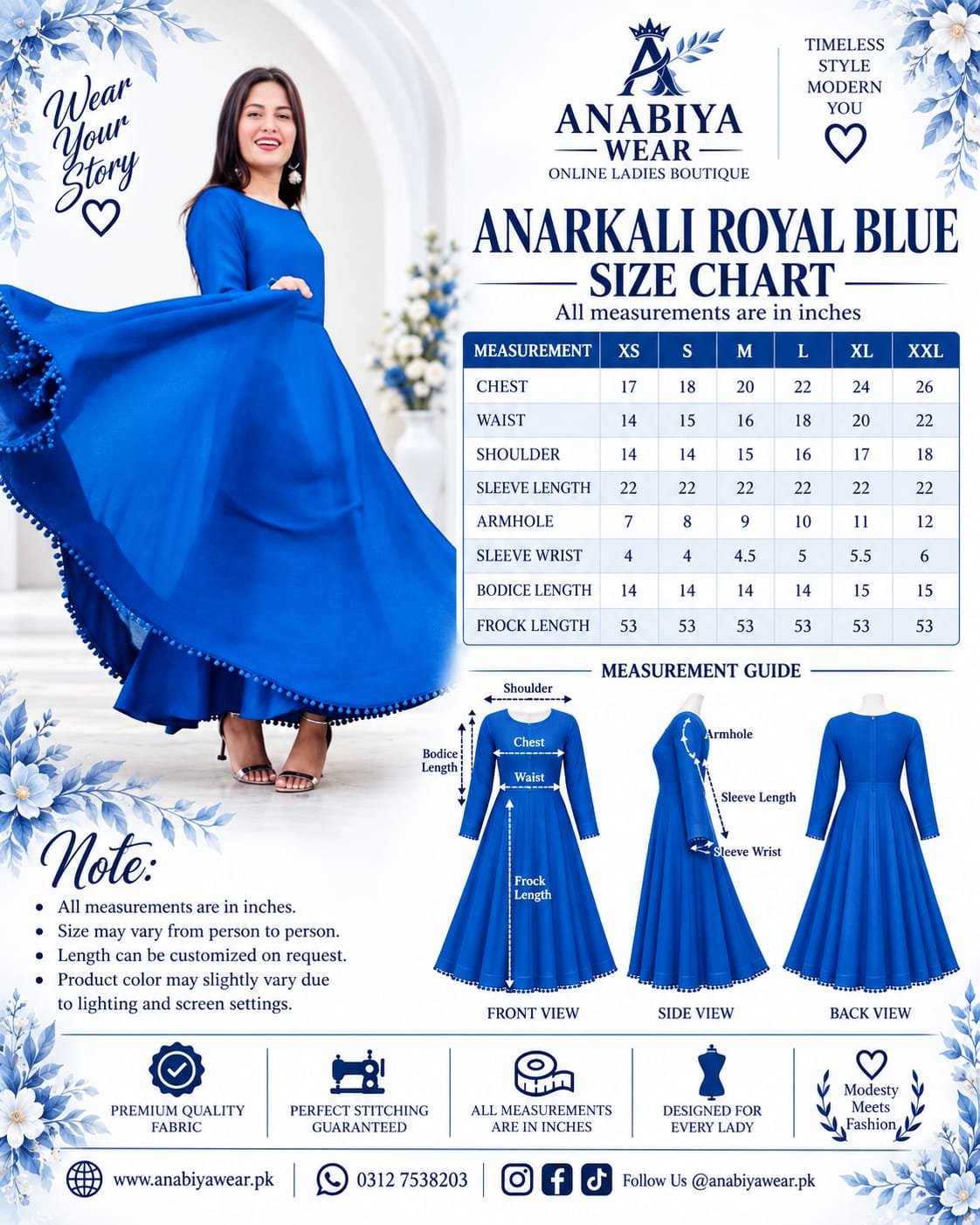 Anarkali Royal Blue Chiffon 2 Piece Frock with Bow Lace Detail