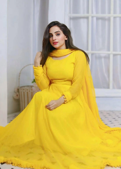 Anarkali Yellow Chiffon 2 Piece Frock with Bow Lace Detail