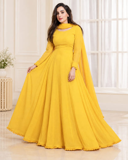 Anarkali Yellow Chiffon 2 Piece Frock with Bow Lace Detail