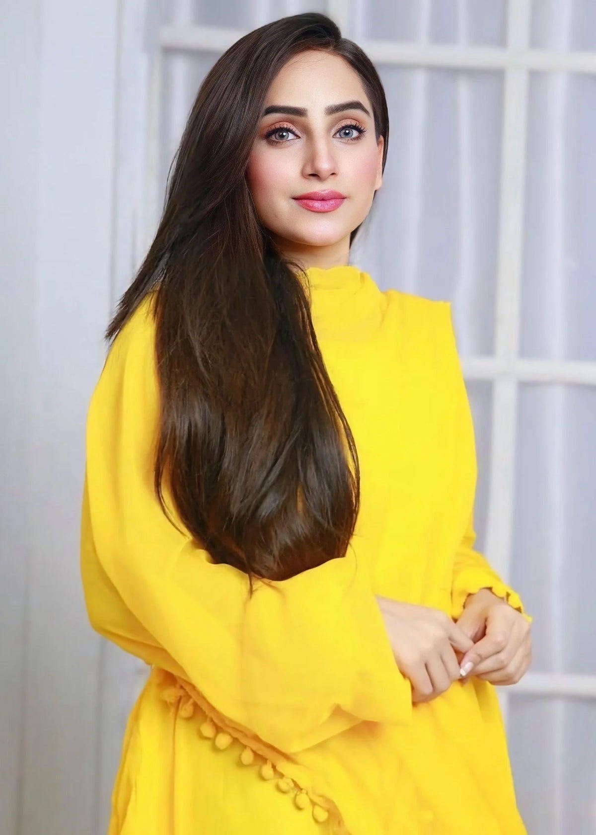 Anarkali Yellow Chiffon 2 Piece Frock with Bow Lace Detail