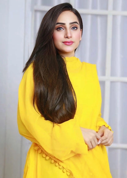 Anarkali Yellow Chiffon 2 Piece Frock with Bow Lace Detail