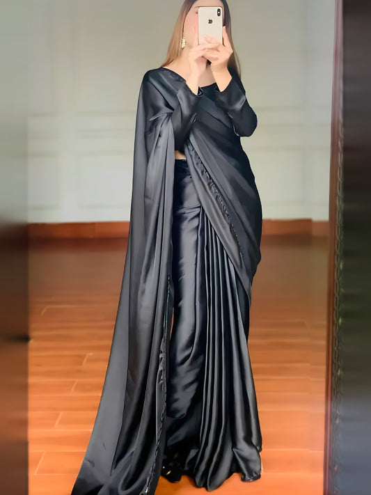 Anchal black silk saree front view showing pleats and full sleeve blouse