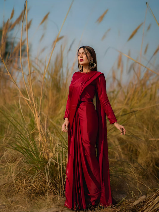 Anchal cherry red Korean silk saree front full length view with boat neck blouse by Anabiyawear