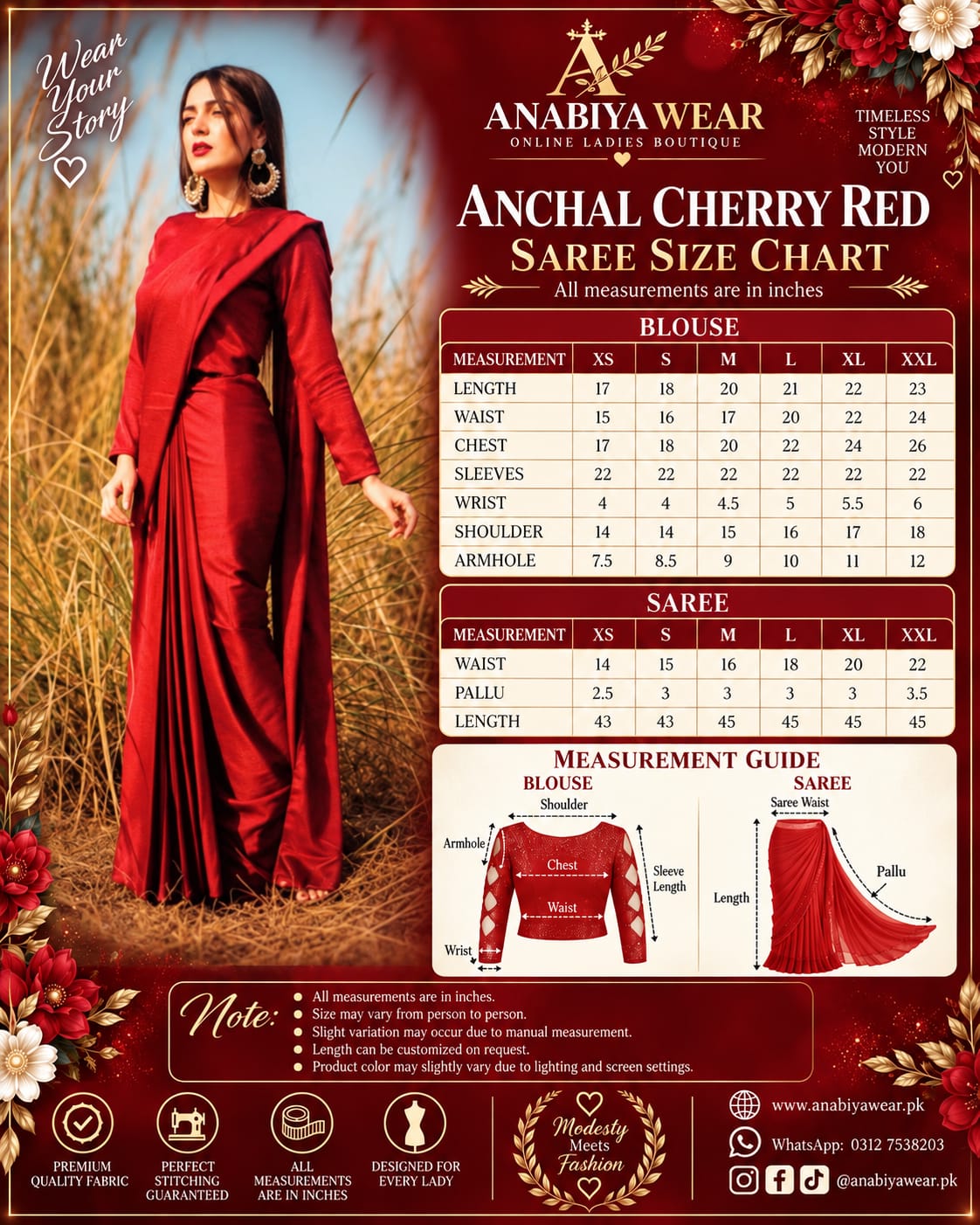 Anchal Cherry Red saree size chart with XS to XXL measurements