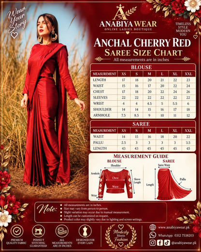 Anchal Cherry Red saree size chart with XS to XXL measurements