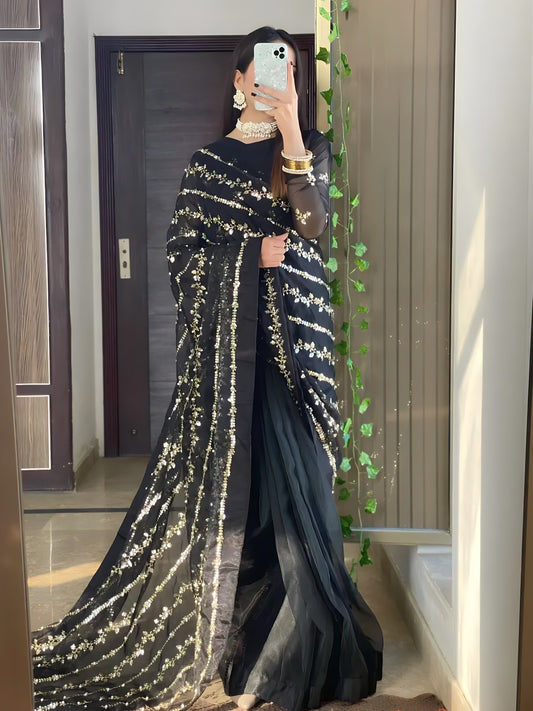 Andleep black organza saree with embroidered pallu trailing behind, full length view