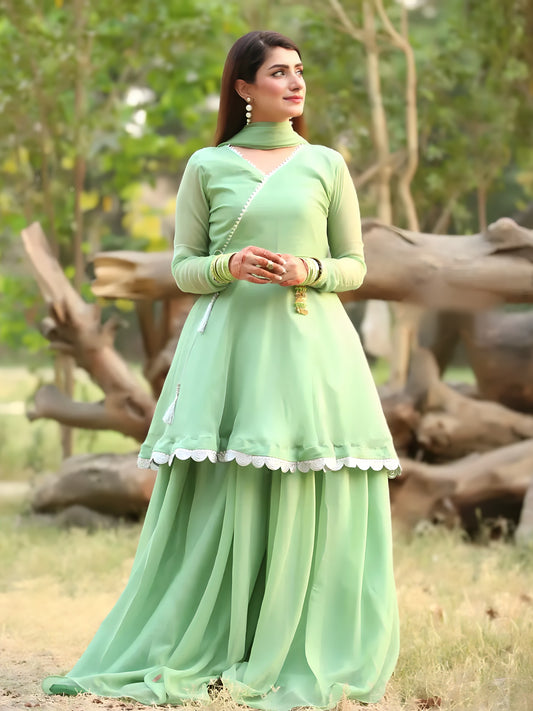 Angrakha Pista chiffon 3 piece frock set with palazzo and dupatta by Anabiyawear