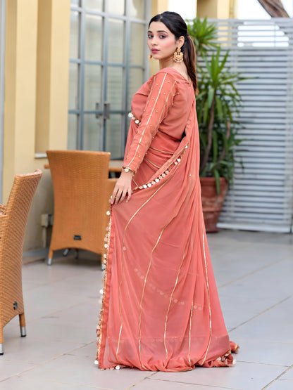 Aster chiffon lace saree back view showing draped pallu and lace border by Anabiyawear