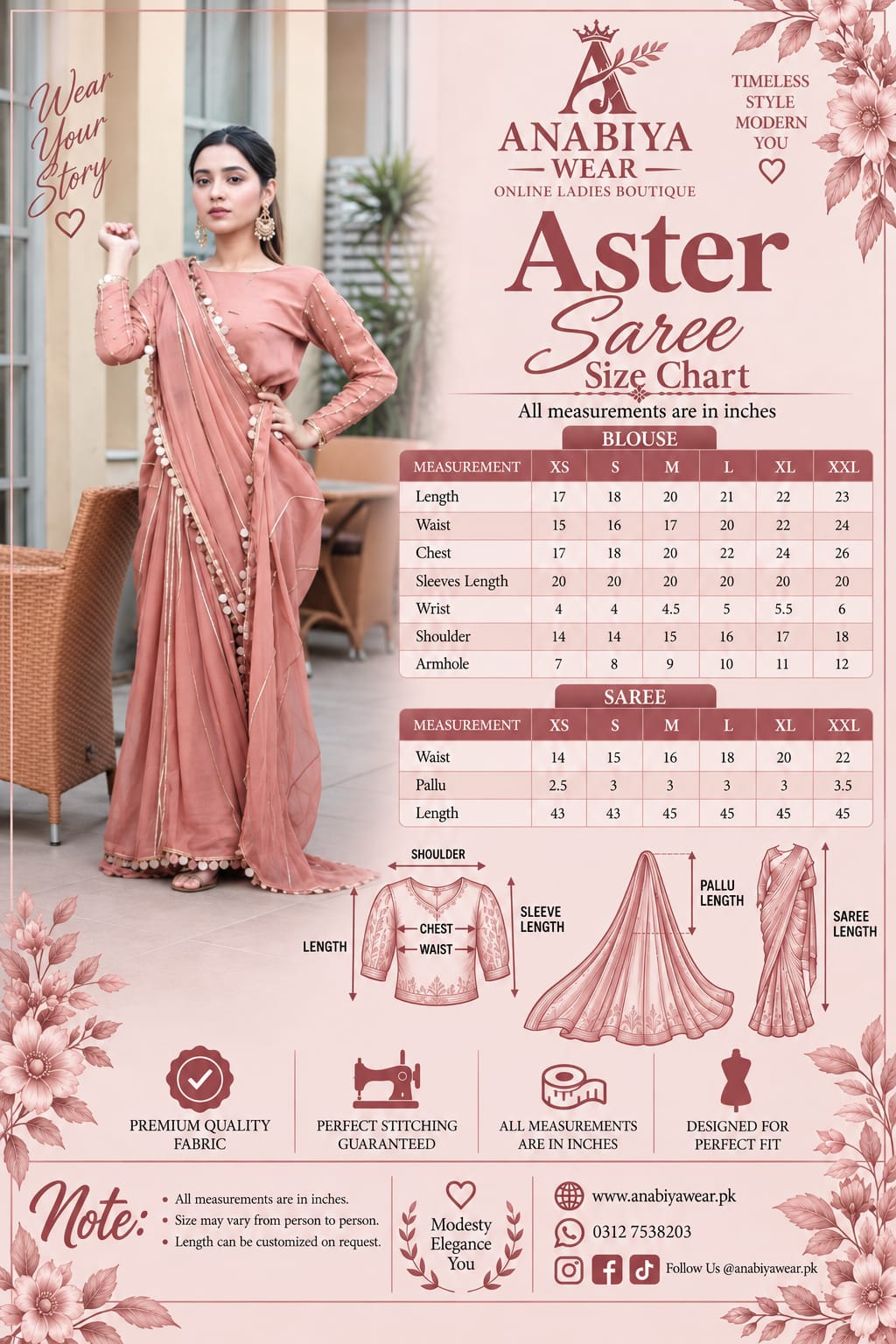 Aster Dusty Rose chiffon saree size chart with measurement guide and fit details by Anabiyawear