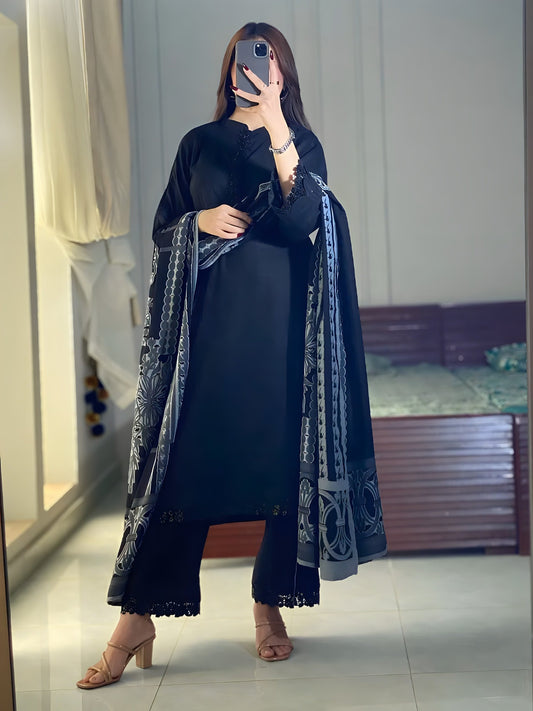 Black Aura black lawn 3 piece suit with printed dupatta on shoulders, full front view