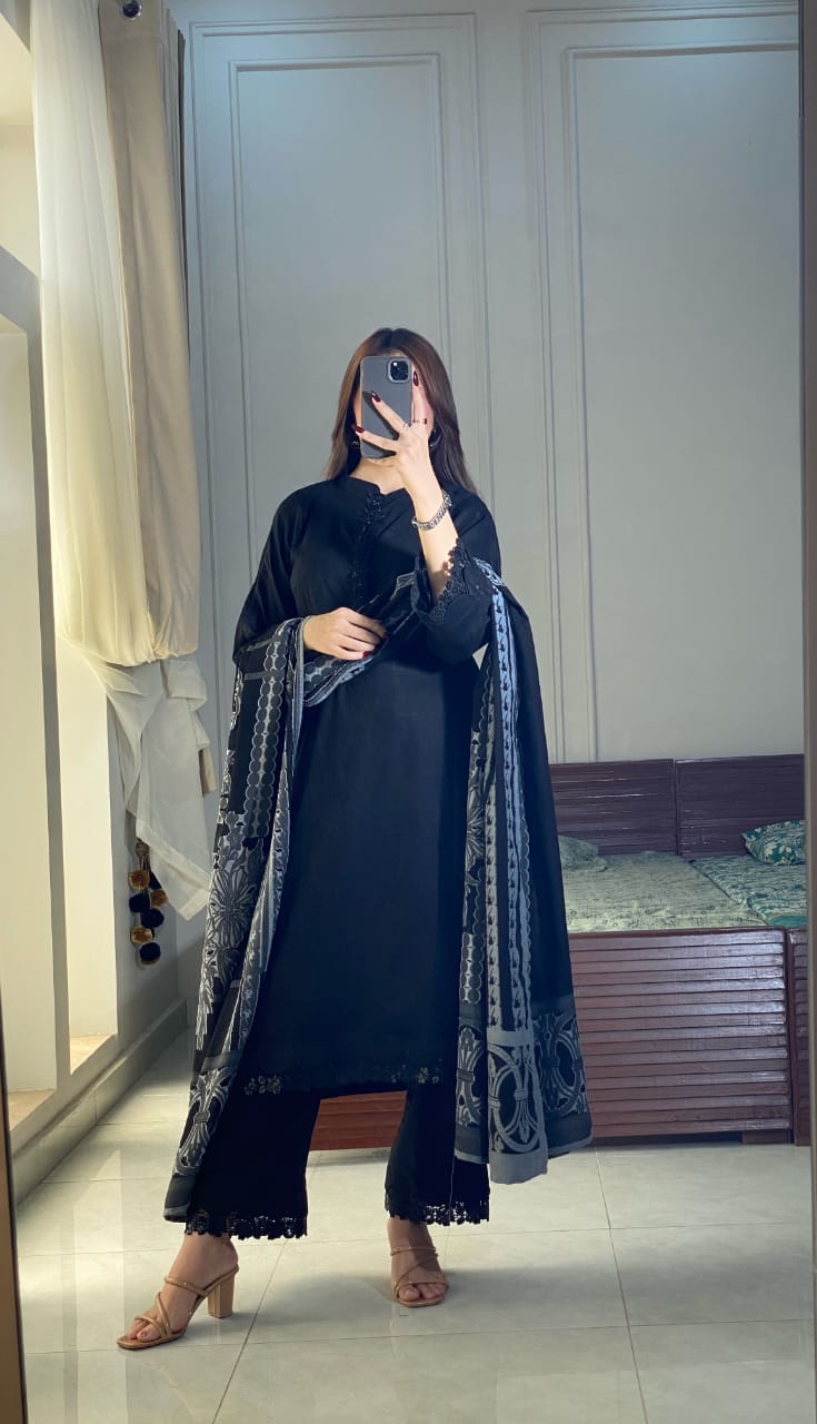Black Aura three piece lawn suit shown with textured jacquard dupatta, straight black shirt and matching trouser