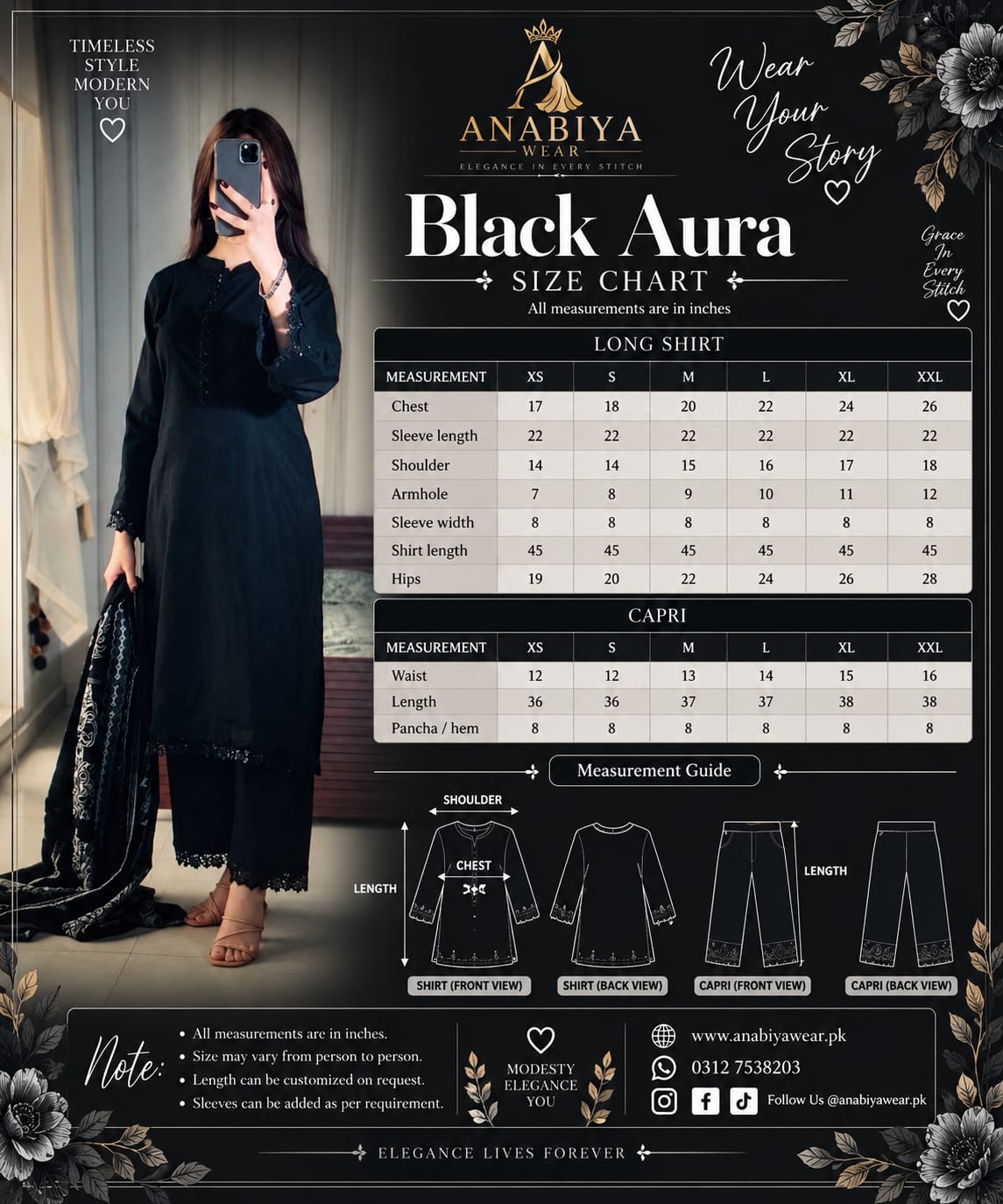 Black Aura lawn three piece size chart with XS to XXL shirt and trouser measurements plus garment fitting guide