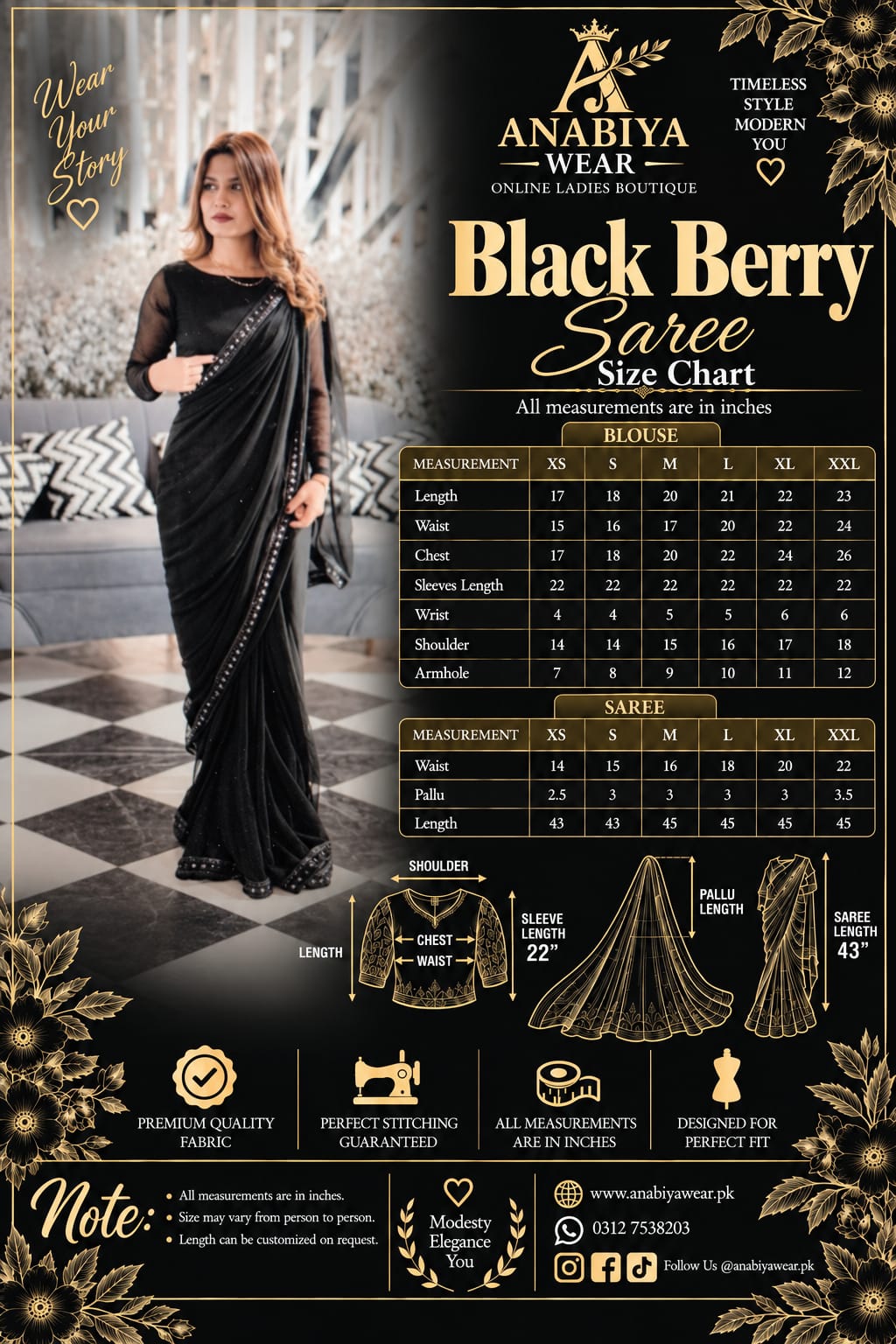 Black Berry chiffon saree measurement chart showing size details from XS to XXL