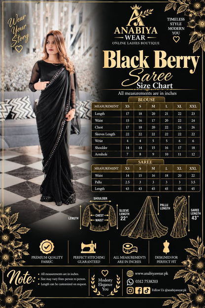 Black Berry chiffon saree measurement chart showing size details from XS to XXL
