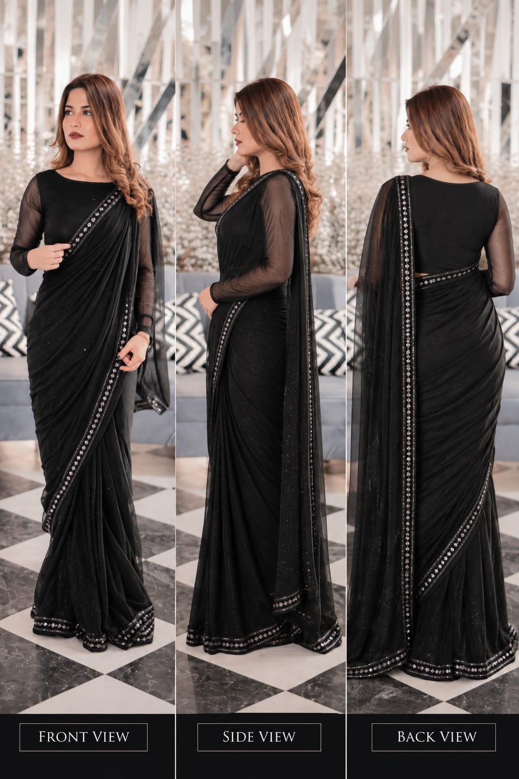 Black Berry chiffon saree shown in front, side and back views with a flowing drape and contrast border