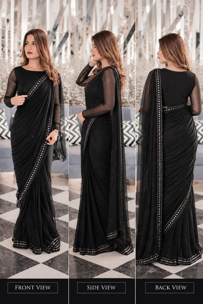 Black Berry chiffon saree shown in front, side and back views with a flowing drape and contrast border