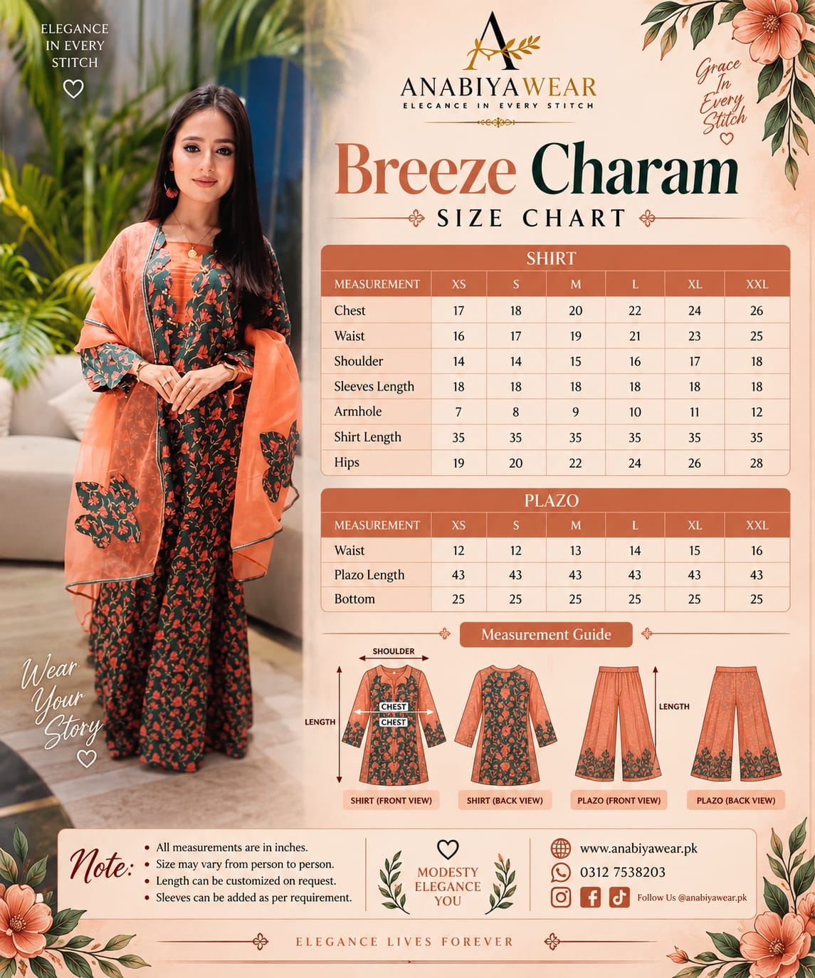 Breeze Charm lawn palazzo suit size chart with Anabiyawear measurements and product reference image