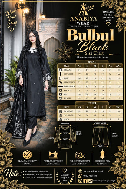 Bulbul Black Katan silk 3 piece size guide with shirt, trouser and sleeve measurements from XS to XXL
