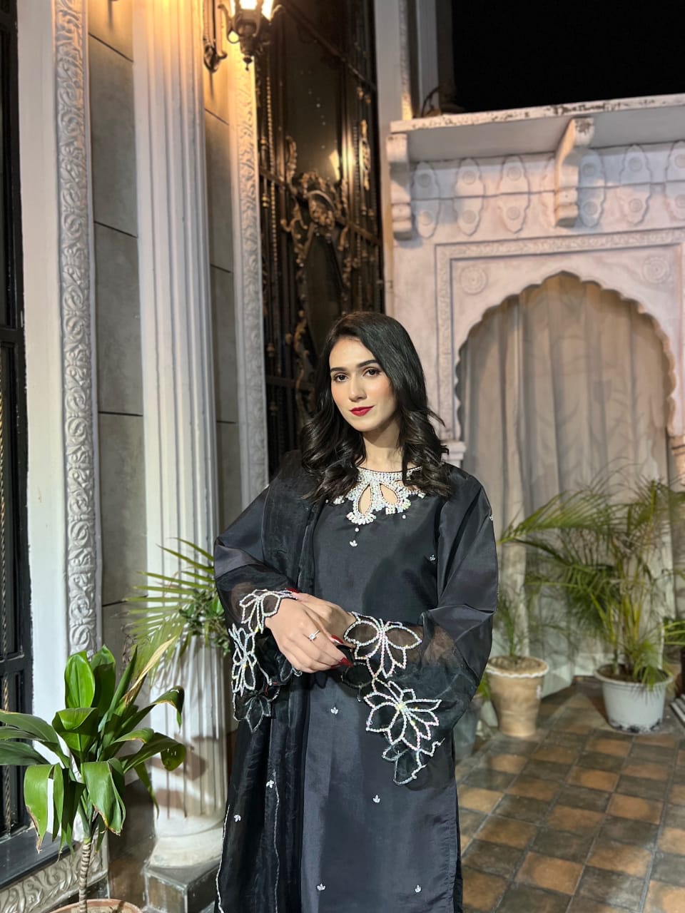Bulbul Black Katan silk 3 piece featuring silver Mukesh accents, crystal embellishment and decorative sleeve motifs