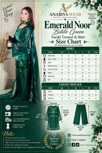 Anabiyawear Emerald Noor bottle green outfit size chart with shirt and trouser measurements