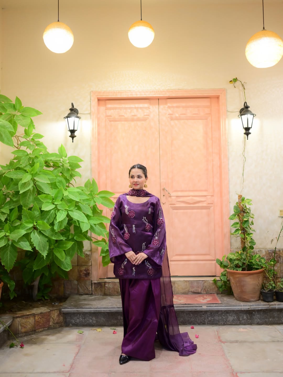 Emerald Noor plum festive suit styled with Farshi Shalwar and dupatta
