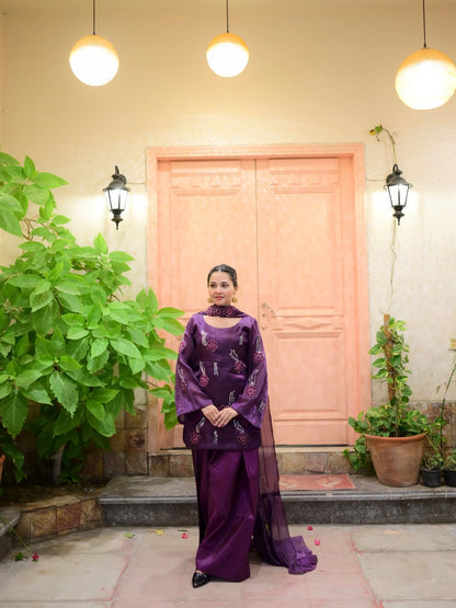 Emerald Noor plum festive suit styled with Farshi Shalwar and dupatta