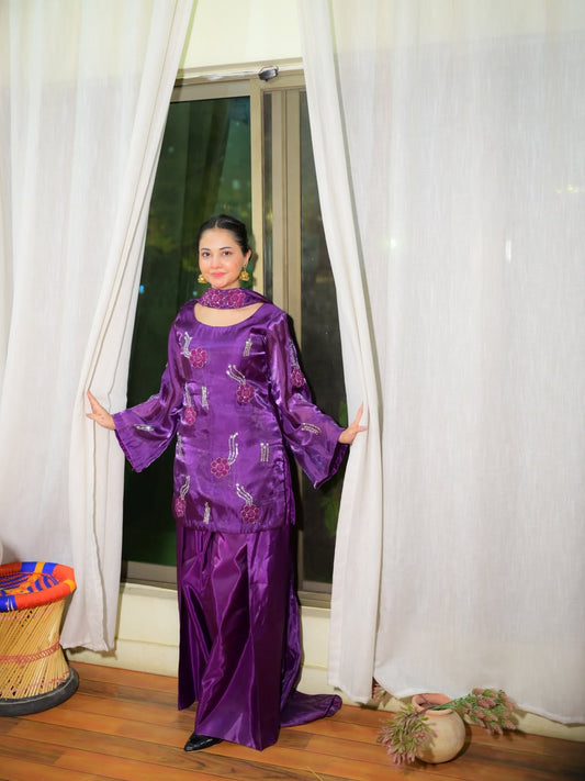 Plum formal outfit featuring embroidered shirt and flared sleeves