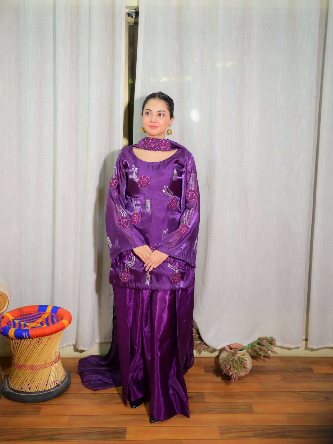 Plum three piece formal dress with Farshi Shalwar and silk dupatta