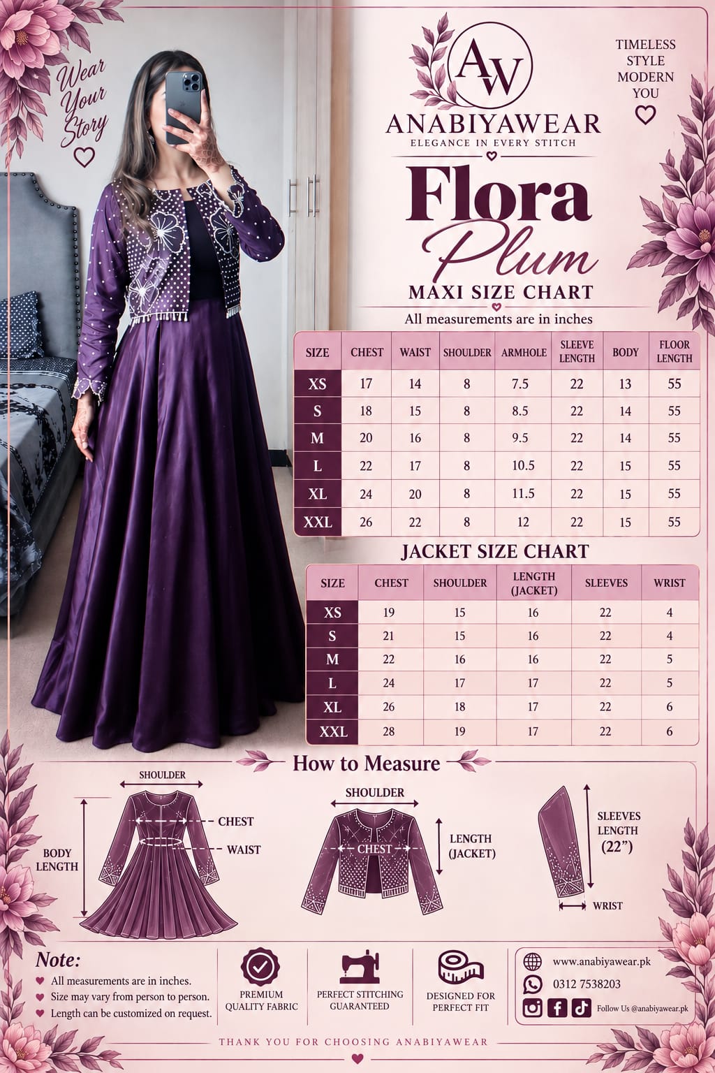 Flora Plum frock and jacket sizing chart with body and garment measurements from XS to XXL