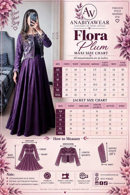 Flora Plum frock and jacket sizing chart with body and garment measurements from XS to XXL