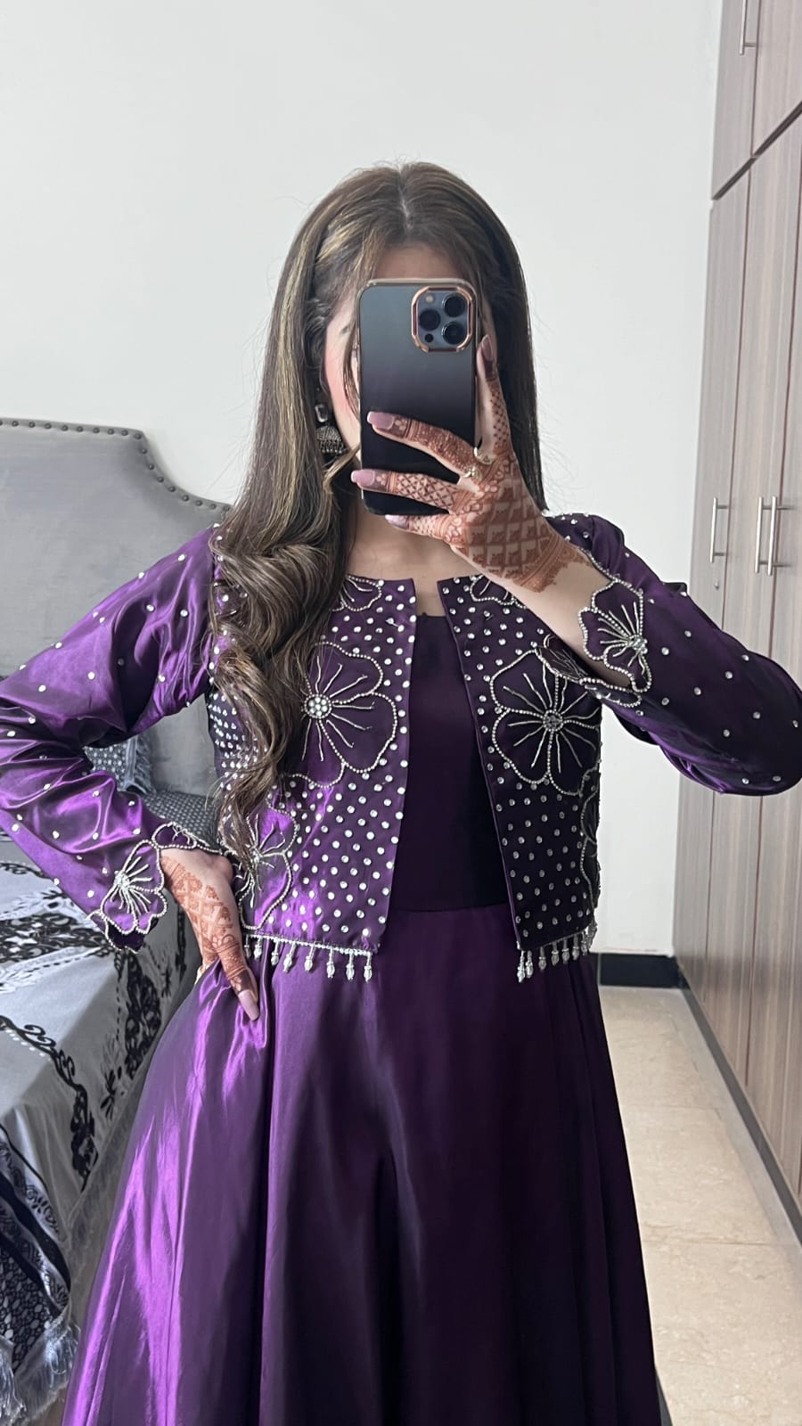 Flora Plum Katan silk frock with statement jacket featuring silver motifs, Mukesh work and crystal detailing