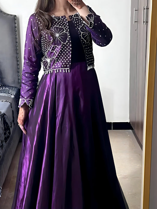 Flora Plum katan silk flared frock with silver embellished short jacket, full front view