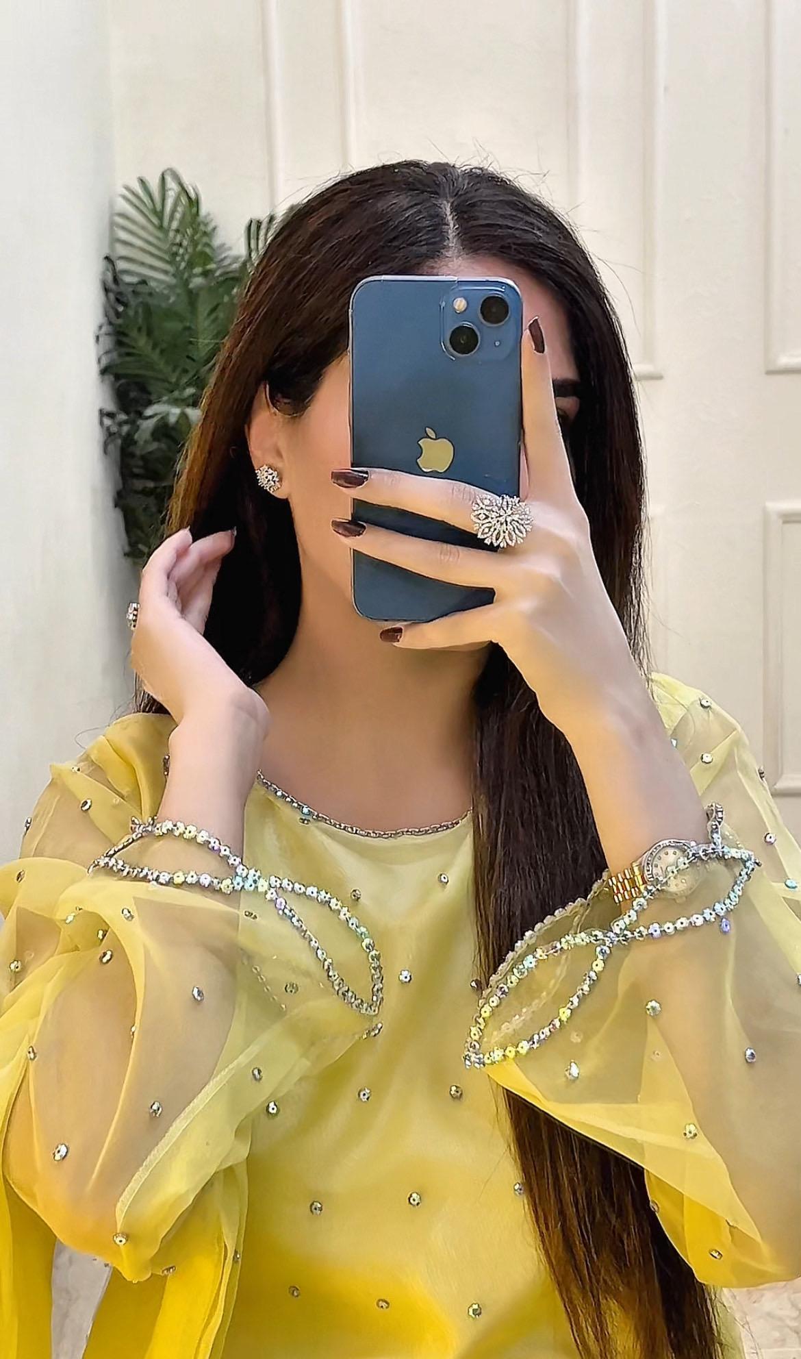 Gazal Lemon organza shirt close-up showing embellished neckline and sleeve detailing by Anabiyawear