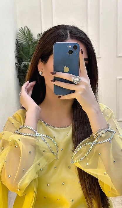 Gazal Lemon organza shirt close-up showing embellished neckline and sleeve detailing by Anabiyawear
