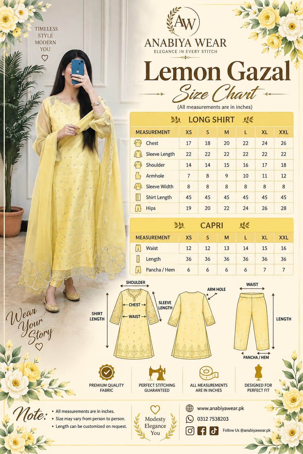 Gazal Lemon organza 3 piece size chart with XS to XXL measurements by Anabiyawear