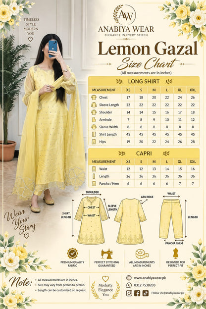 Gazal Lemon organza 3 piece size chart with XS to XXL measurements by Anabiyawear