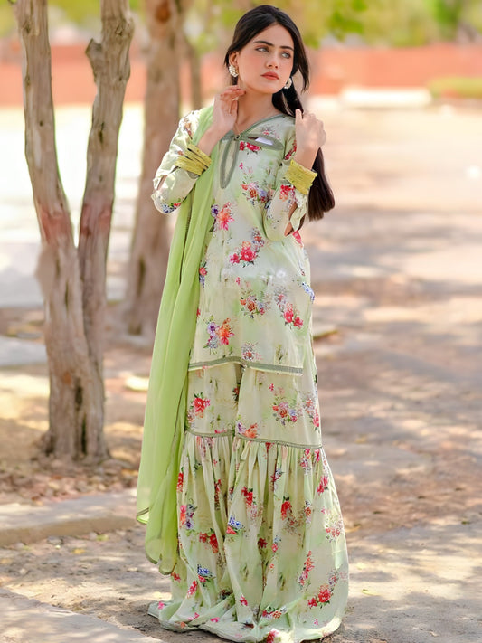 Gul Pista printed lawn 3 piece sharara set, full front view