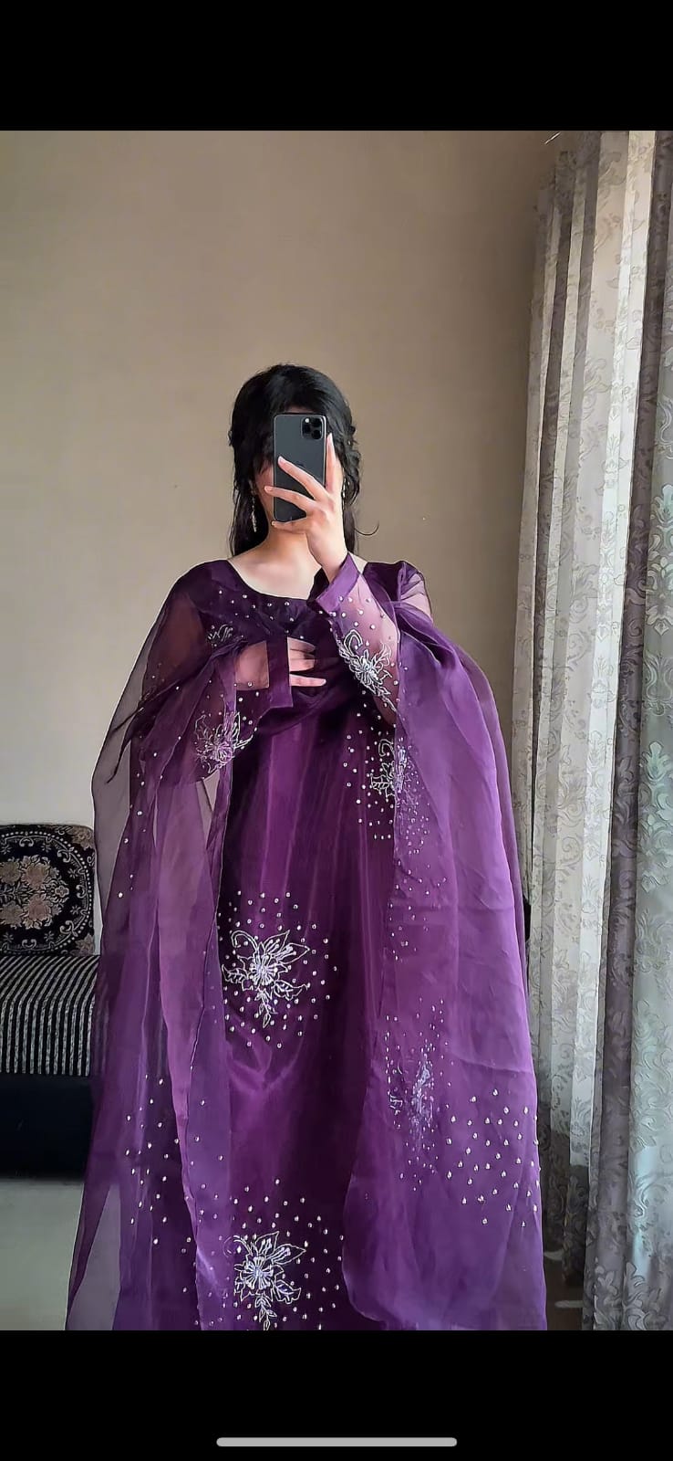 Gulshan Purple formal organza suit showcasing the sheer embellished dupatta, deep purple shade and detailed front work