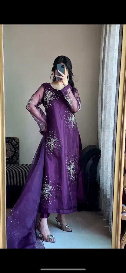 Gulshan Purple organza long shirt in a mirror pose with rich purple tone, embellished detailing and coordinated trouser
