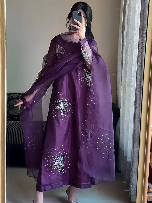 Gulshan purple organza 3 piece suit with white embroidery, full front view