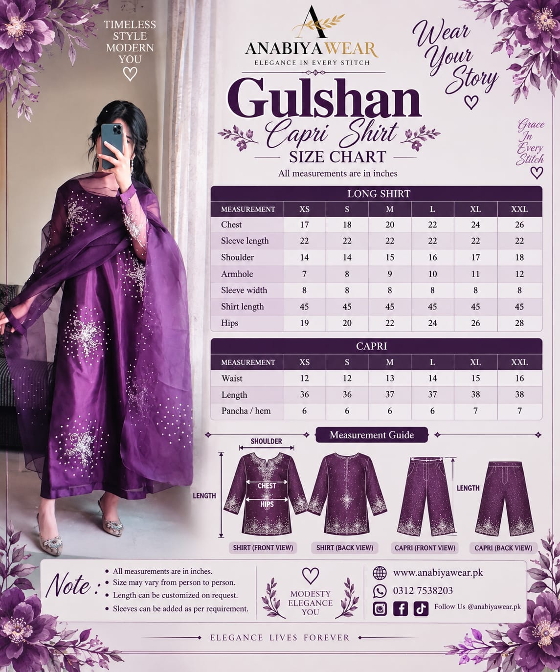 Gulshan Purple organza suit size guide with XS to XXL shirt and trouser measurements plus garment fitting reference