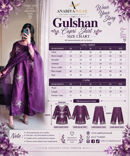 Gulshan Purple organza suit size guide with XS to XXL shirt and trouser measurements plus garment fitting reference