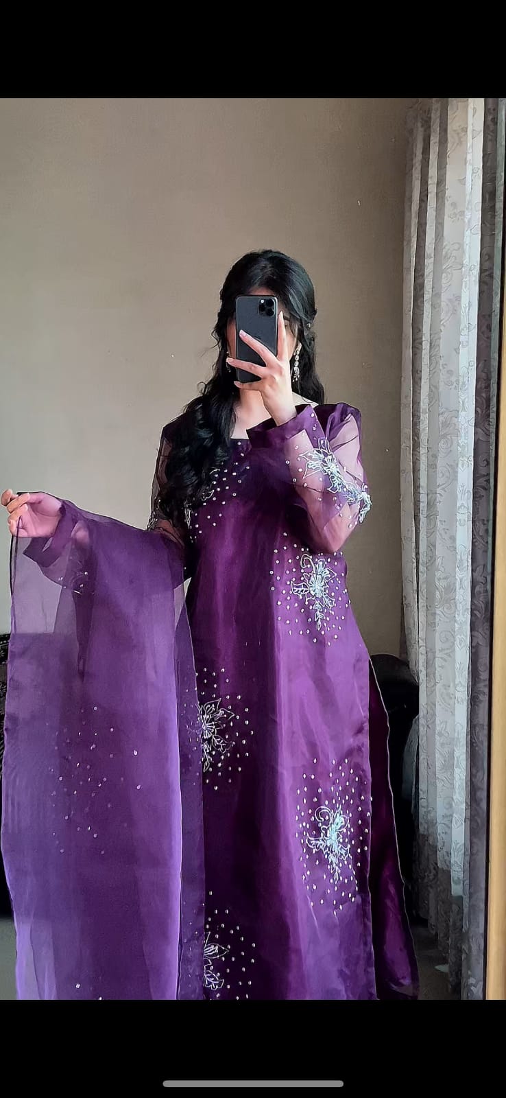 Gulshan Purple organza three piece suit with open dupatta pose, sequin and cutdana detailing on the long purple shirt