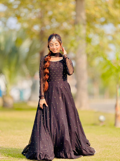 Jhomer flared frock with silver mukesh spray in standing pose by Anabiyawear