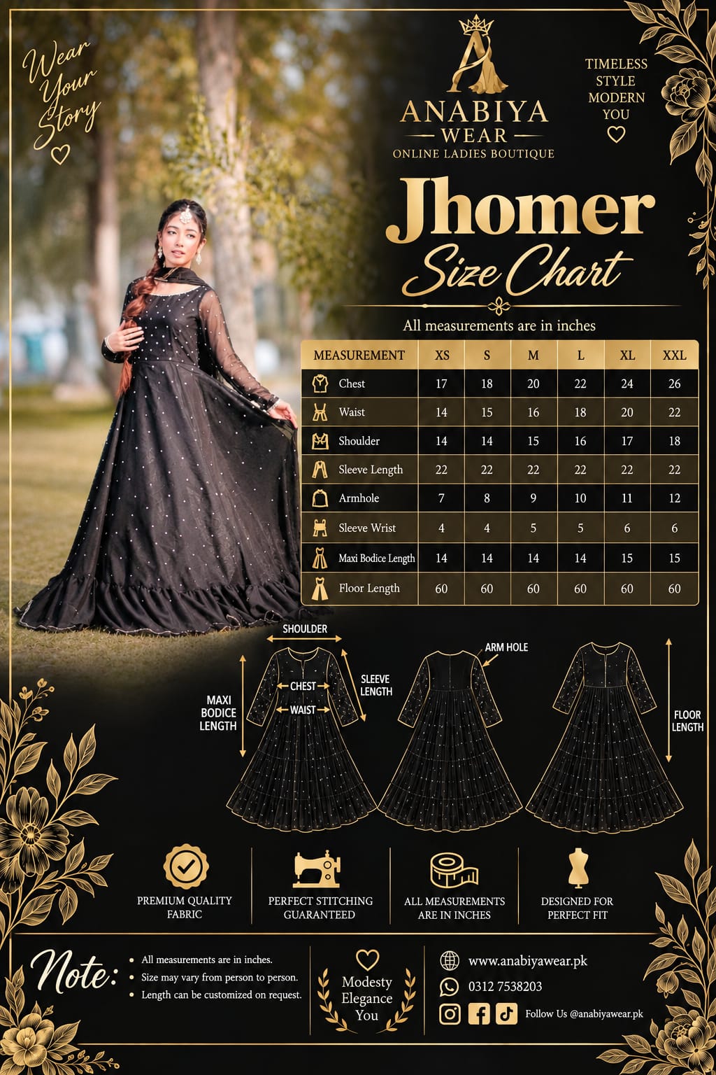 Jhomer flared frock size chart with XS to XXL measurements by Anabiyawear