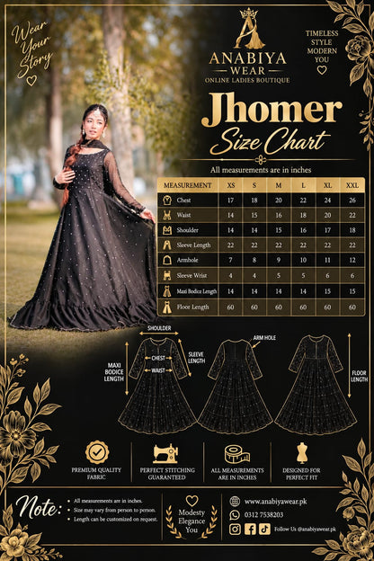 Jhomer flared frock size chart with XS to XXL measurements by Anabiyawear