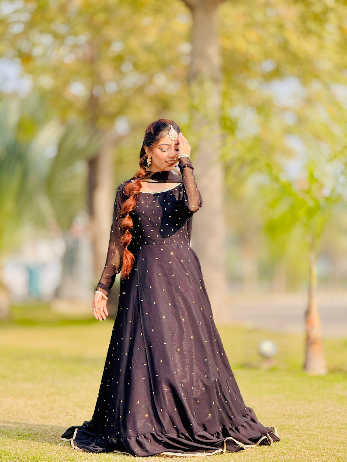 Jhomer dark flared frock with silver mukesh spray in full-length standing look by Anabiyawear