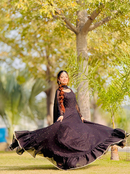 Jhomer dark frock in motion showing wide flare and silver mukesh detailing by Anabiyawear